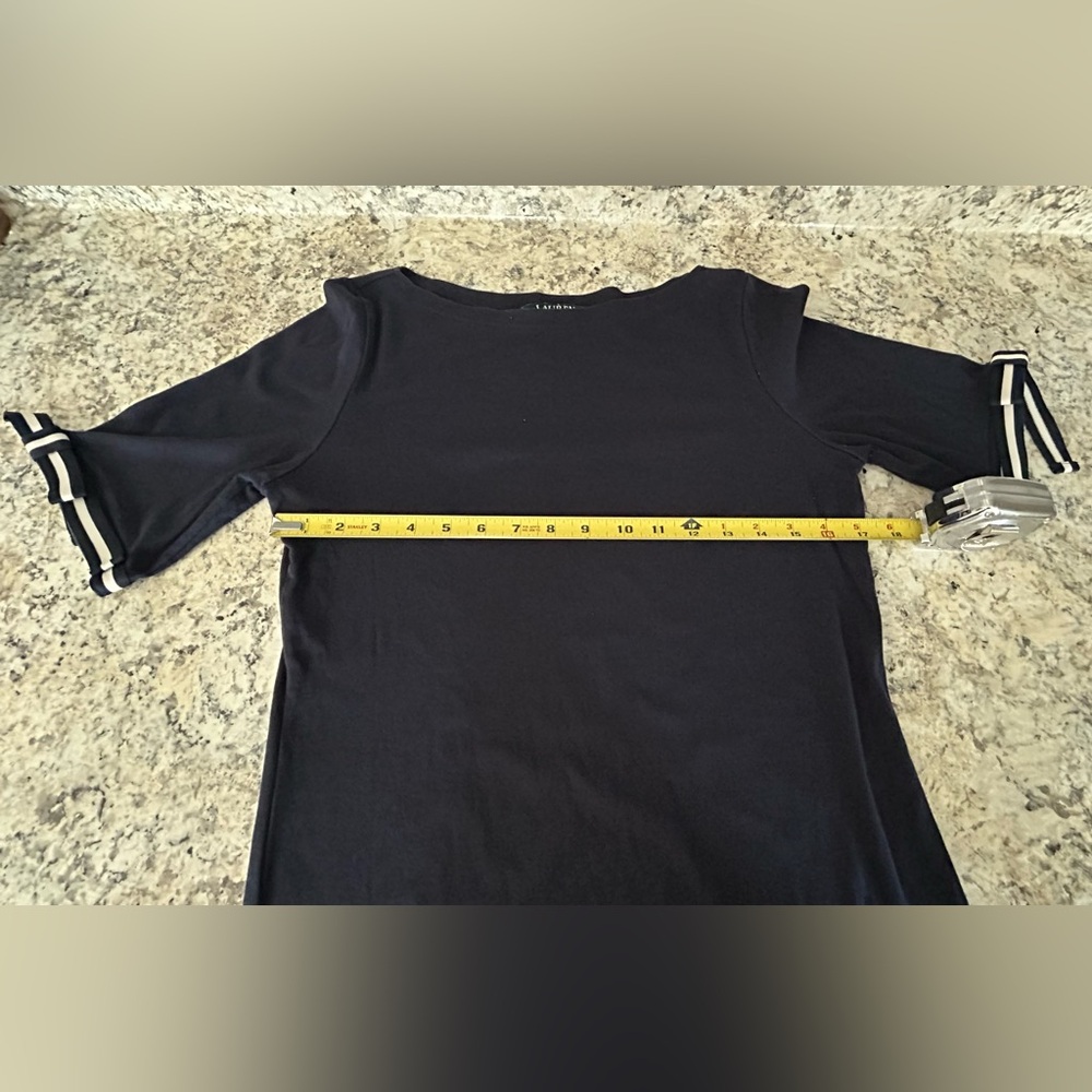 Lauren Ralph Lauren Navy Blue Top White Ribbon Tie Accents Short Sleeve Size L - Picture 13 of 14